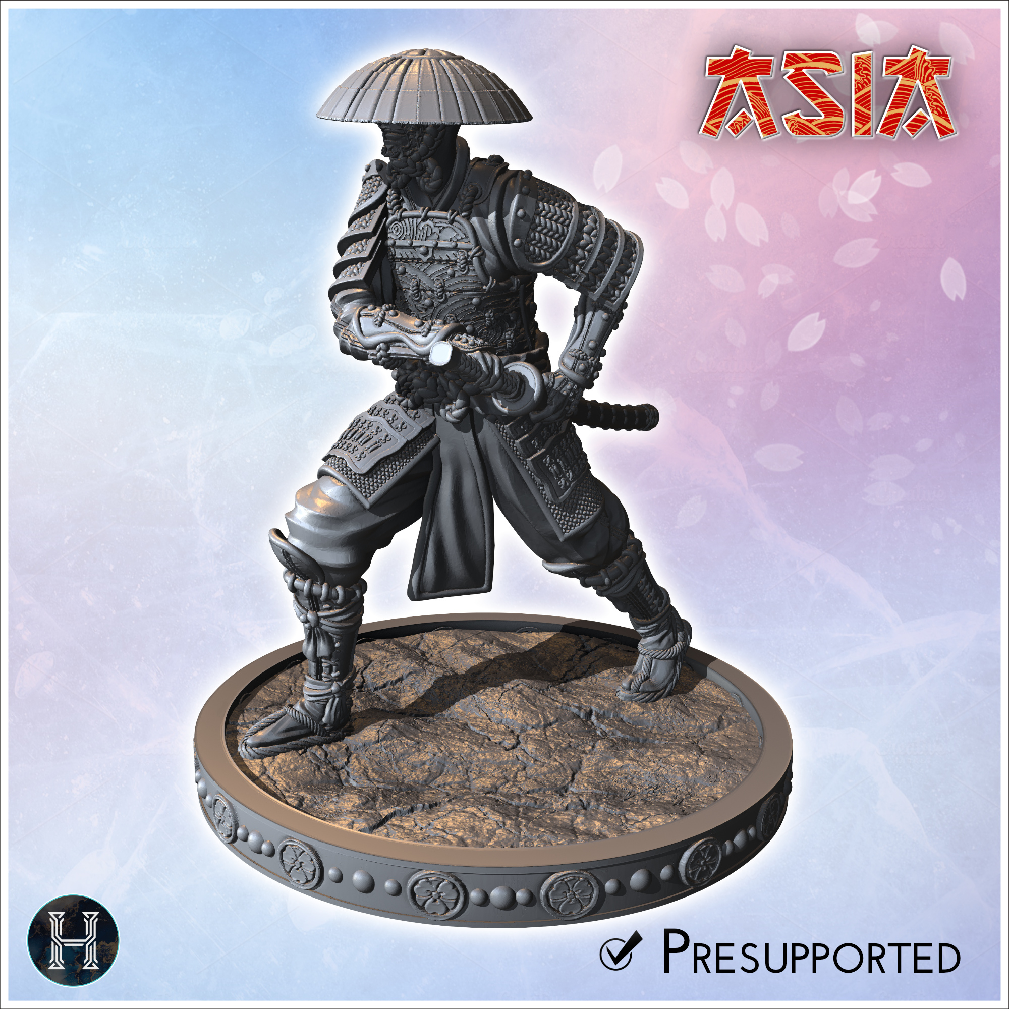 Samurai holding a sword and wearing traditional armor with a wide hat (4) - Asian Asia Oriental Angkor Ninja Traditionnal RPG Mini